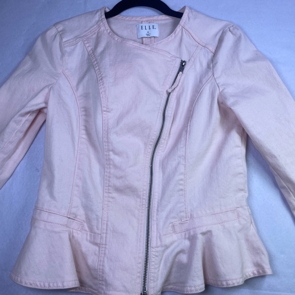 Elle Jackets & Blazers - Elle Womens Pink Denim Moto Jacket Peplum Hem Asymmetric Zip Size Medium